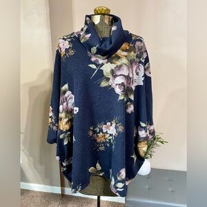 Navy Floral Knit Cowl Neck Poncho Cape Sweater Top Boho Cottagecore Size S / M